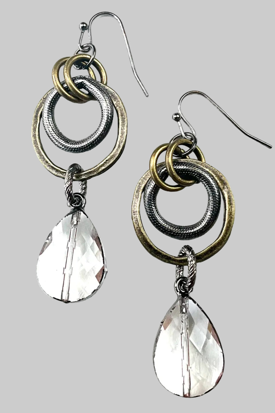 Stacked Rings & Glass Teardrop Dangle Earrings - E009GS