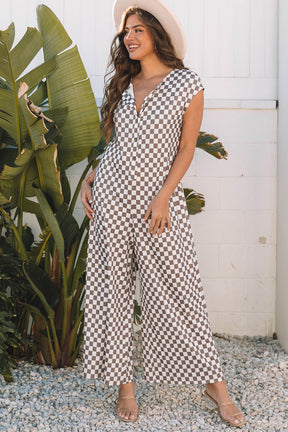 Check On That Khaki Checkered Jumpsuit