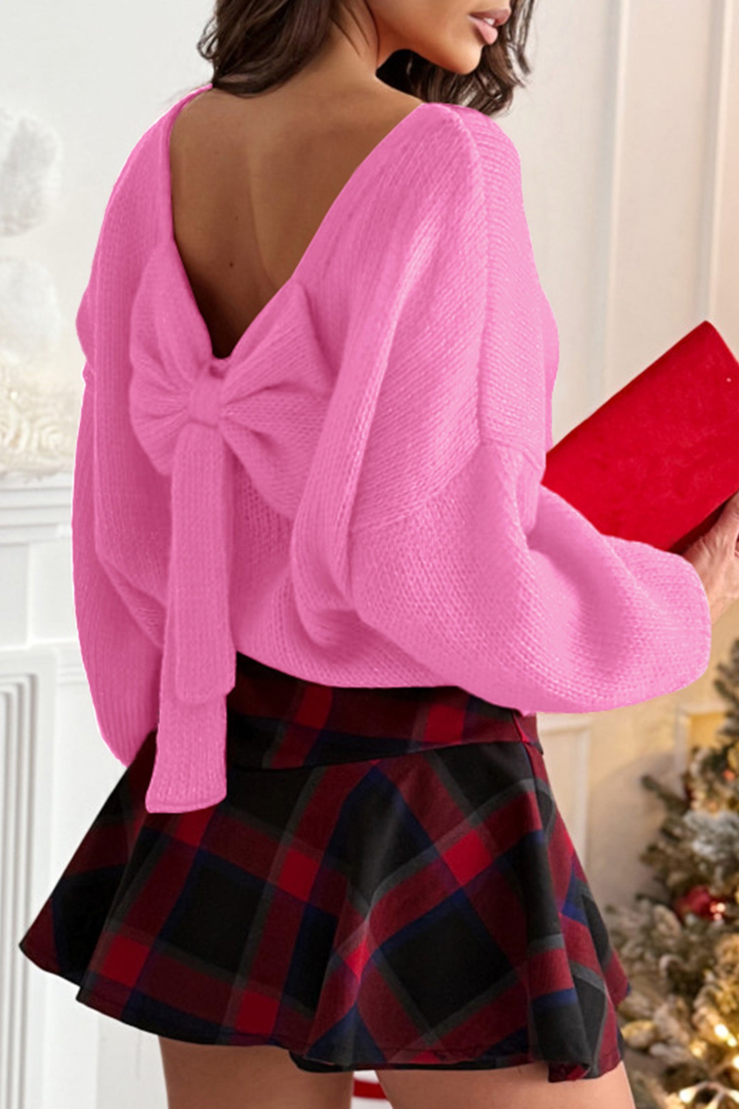 Bow Bella - Bonbon Festive Bow Backless Bubble Sleeve Sweater