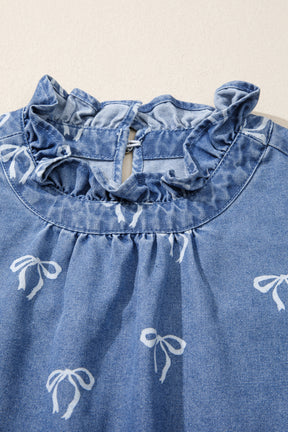 Darling Dreamer Flutter Sleeve Denim Bow Top