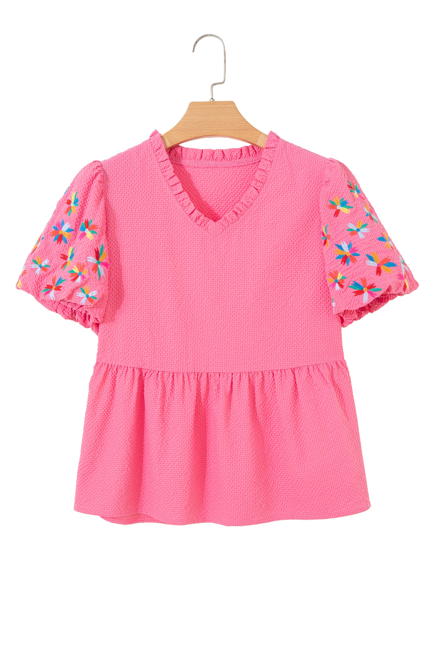 Pink All Day Embroidered Puff Sleeve Textured Top
