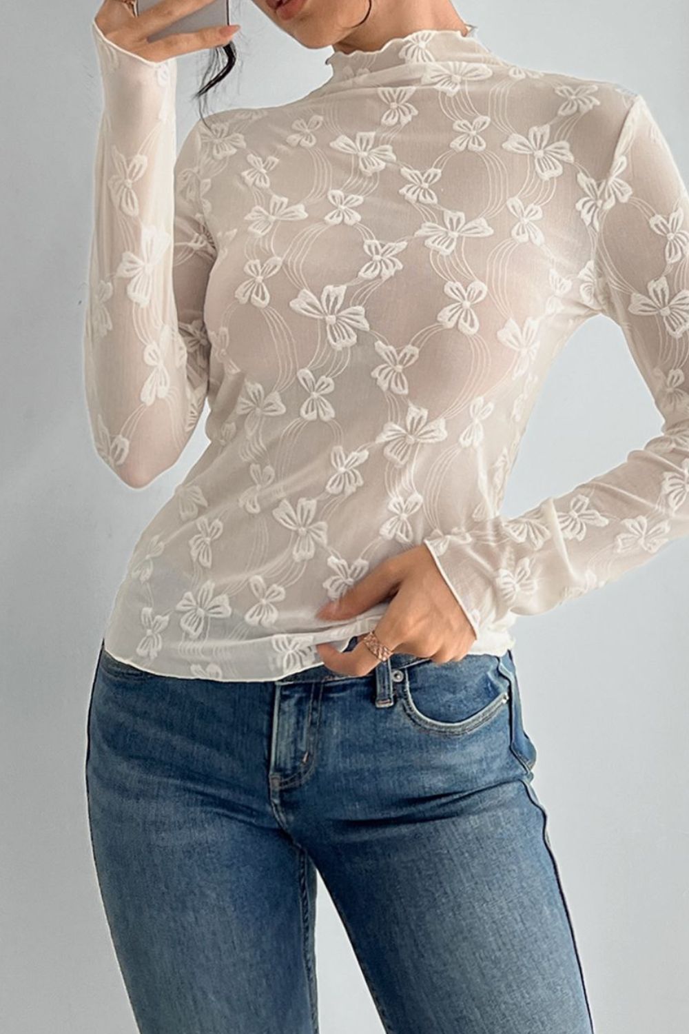 Bowtacular Moments Mock Neck Sheer Top - T11106WH