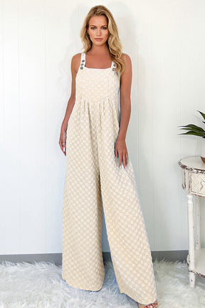 On The Checklist Beige Checkered High Waist Wide Leg Overall