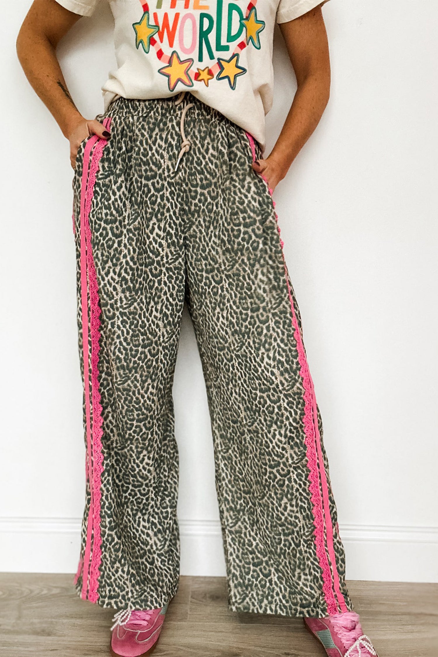 Pretty Fierce Pink Contrast Lace Striped Detail Drawstring Pants