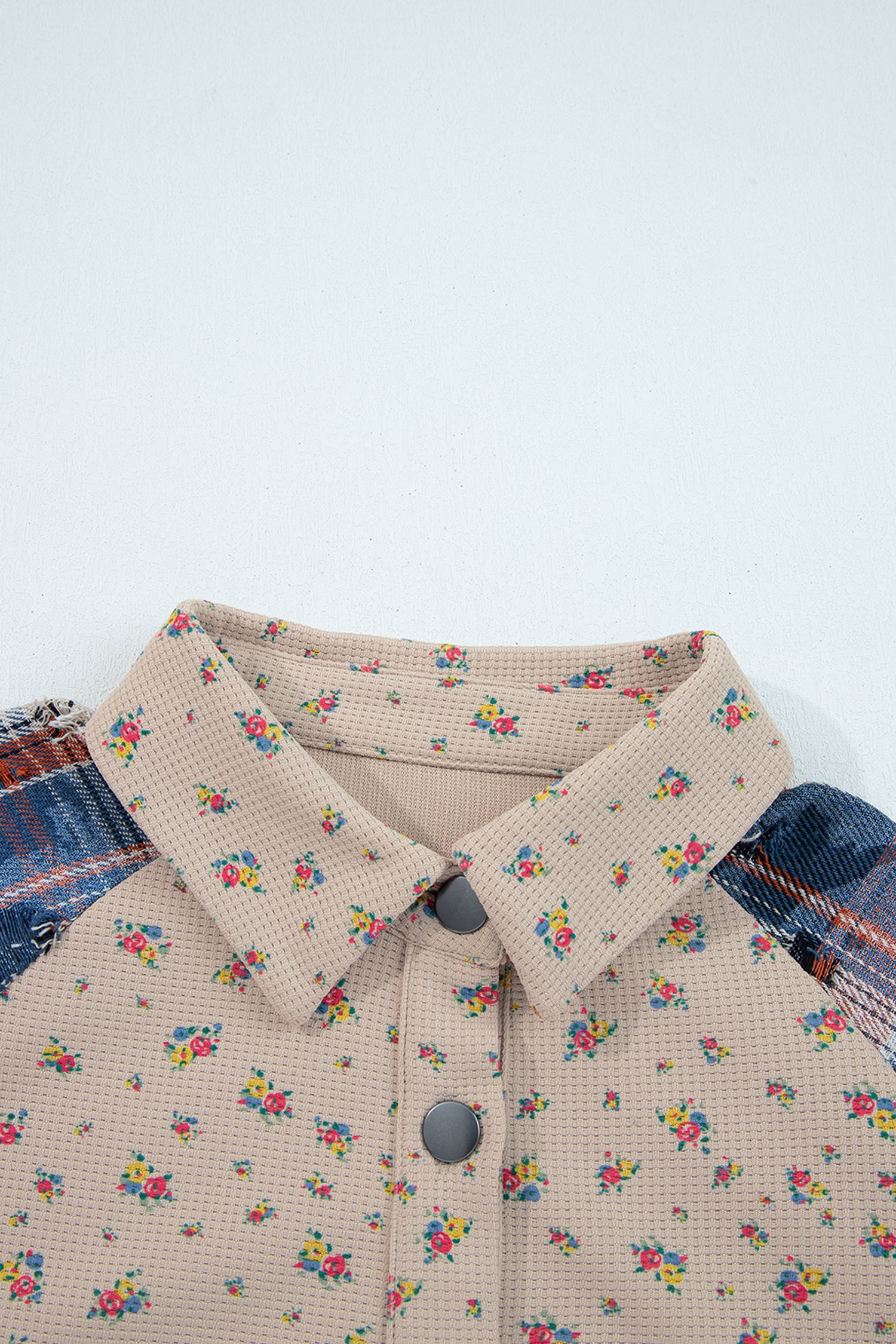 Simply Boho Blue Plaid Patchwork Distressed Waffle Knit Shacket