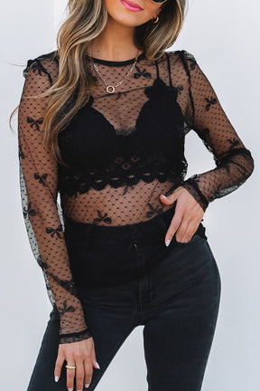 Bow Beauty Pattern Accent Mesh Top