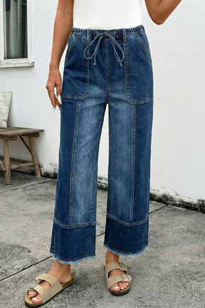 Worth Your While Dark Blue Drawstring Wide Leg Denim Pant