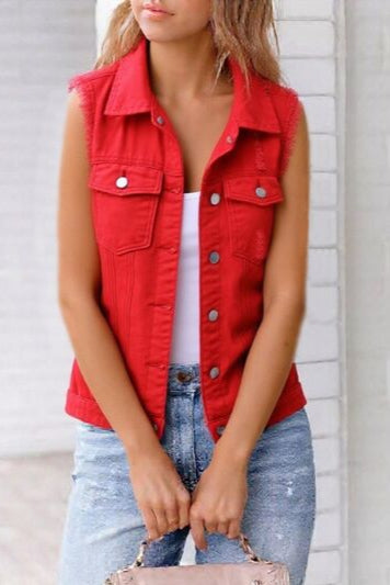 The Vest Life Denim Sleeveless Red Jacket - O5779RD
