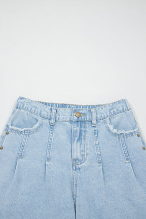 Delaney Blue Studded Side Slit Frayed Wide Leg Jeans