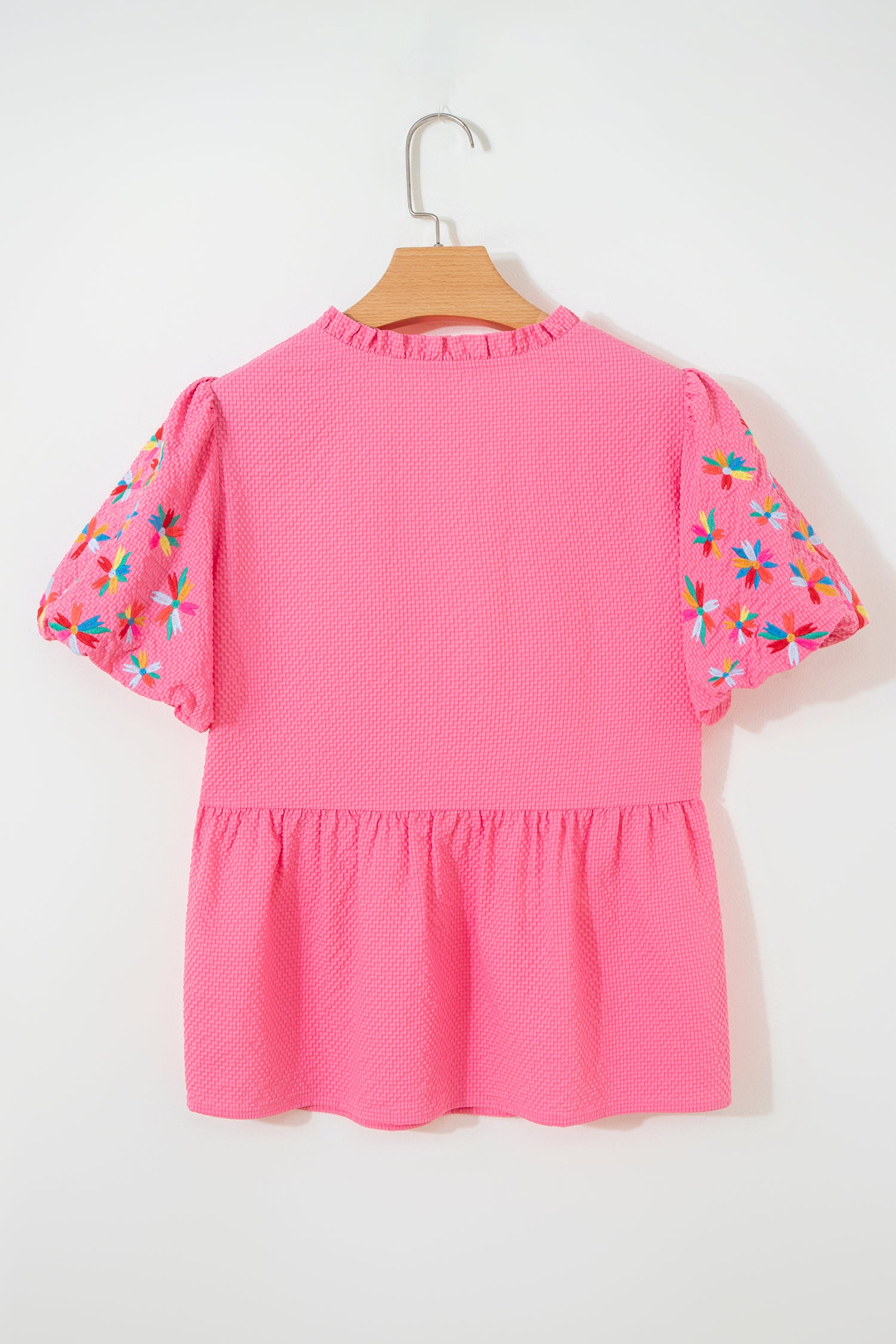 Pink All Day Embroidered Puff Sleeve Textured Top