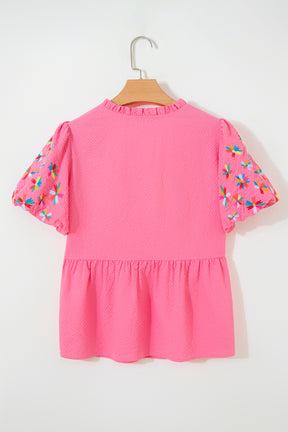 Pink All Day Embroidered Puff Sleeve Textured Top