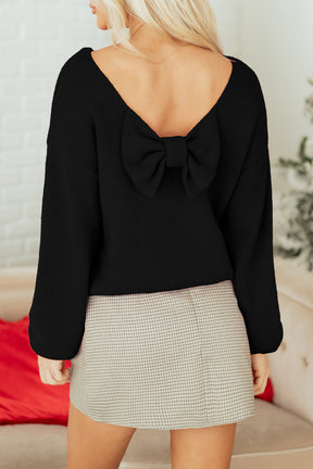 Bow Bella - Black Bow Backless Bubble Sleeve Sweater