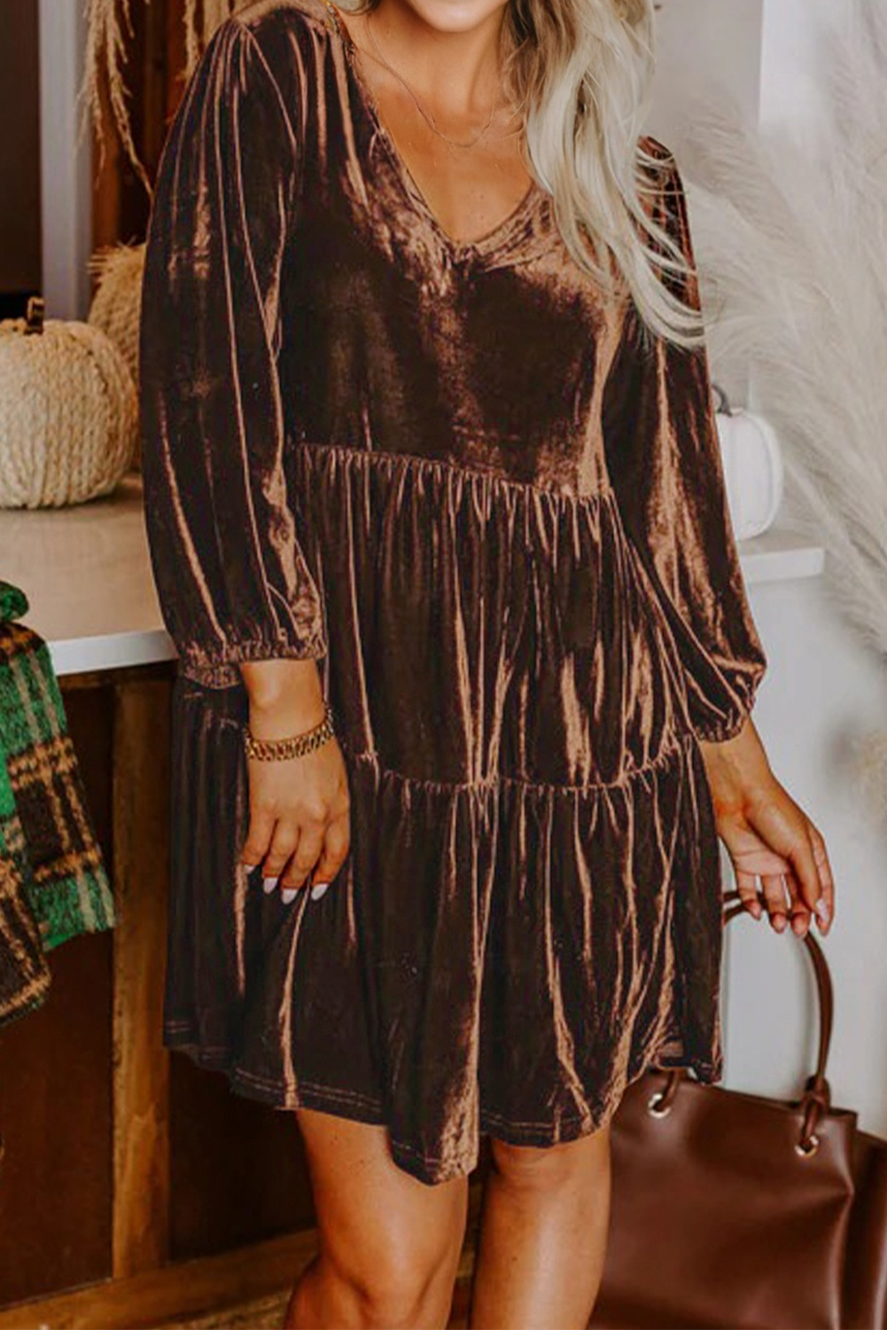Turn Heads Velvet V Neck Tiered Mini Dress