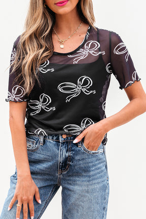 Boldly Tied Black Bow Mesh Sheer Top