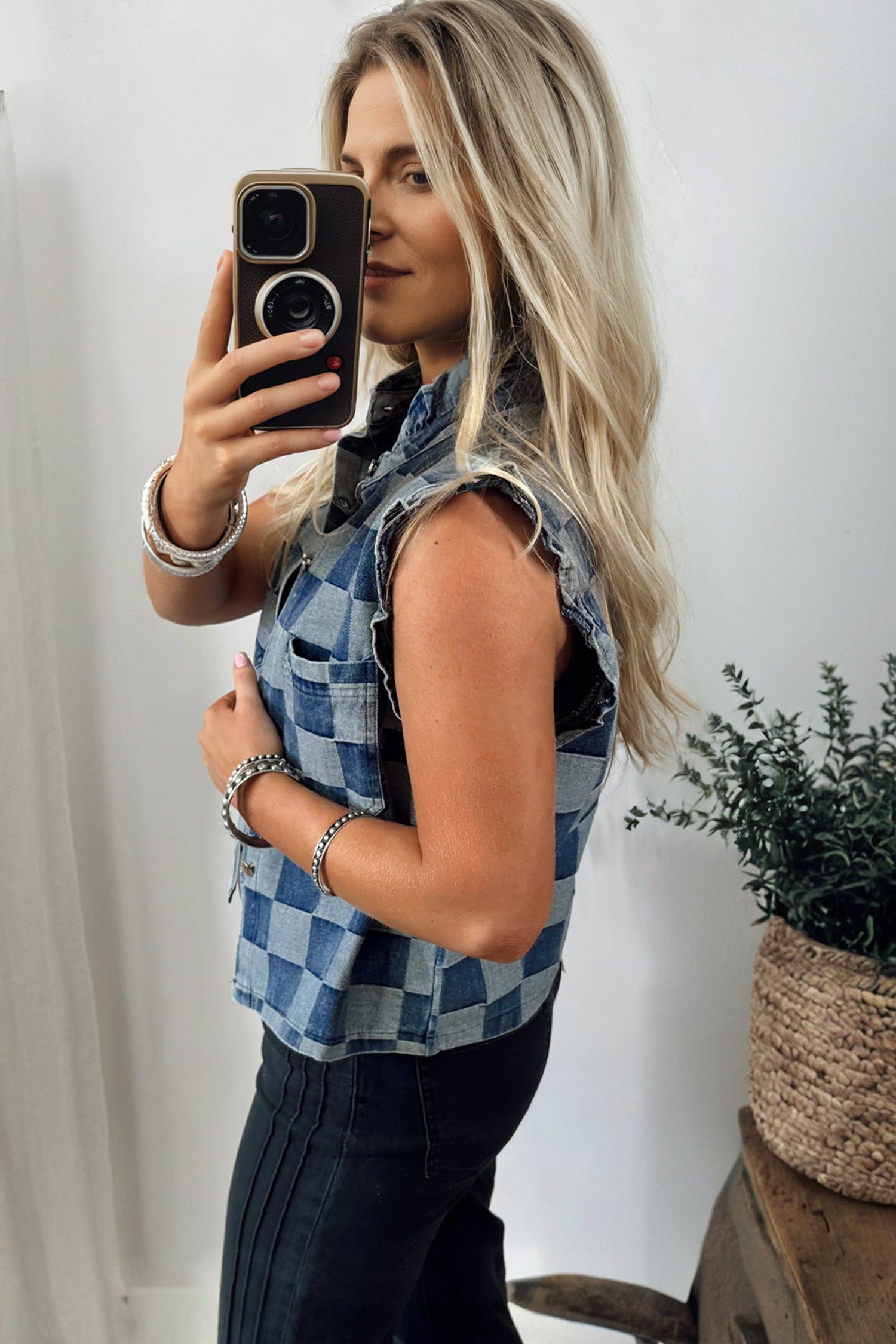 Vibes In Check Denim Vest