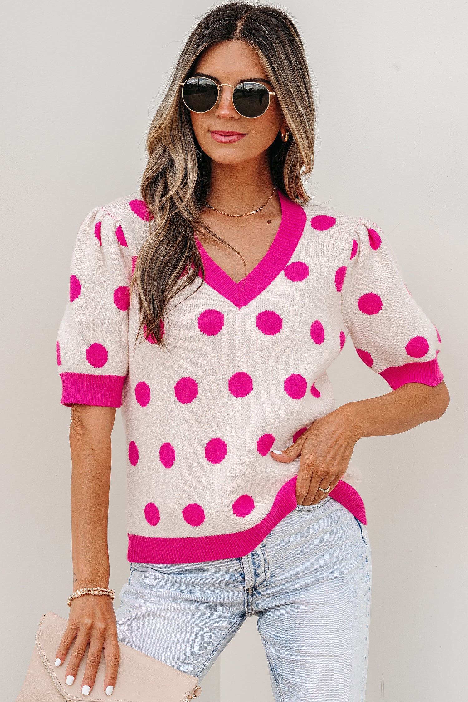 Haute Spot Pink Polka Dot Sweater Top