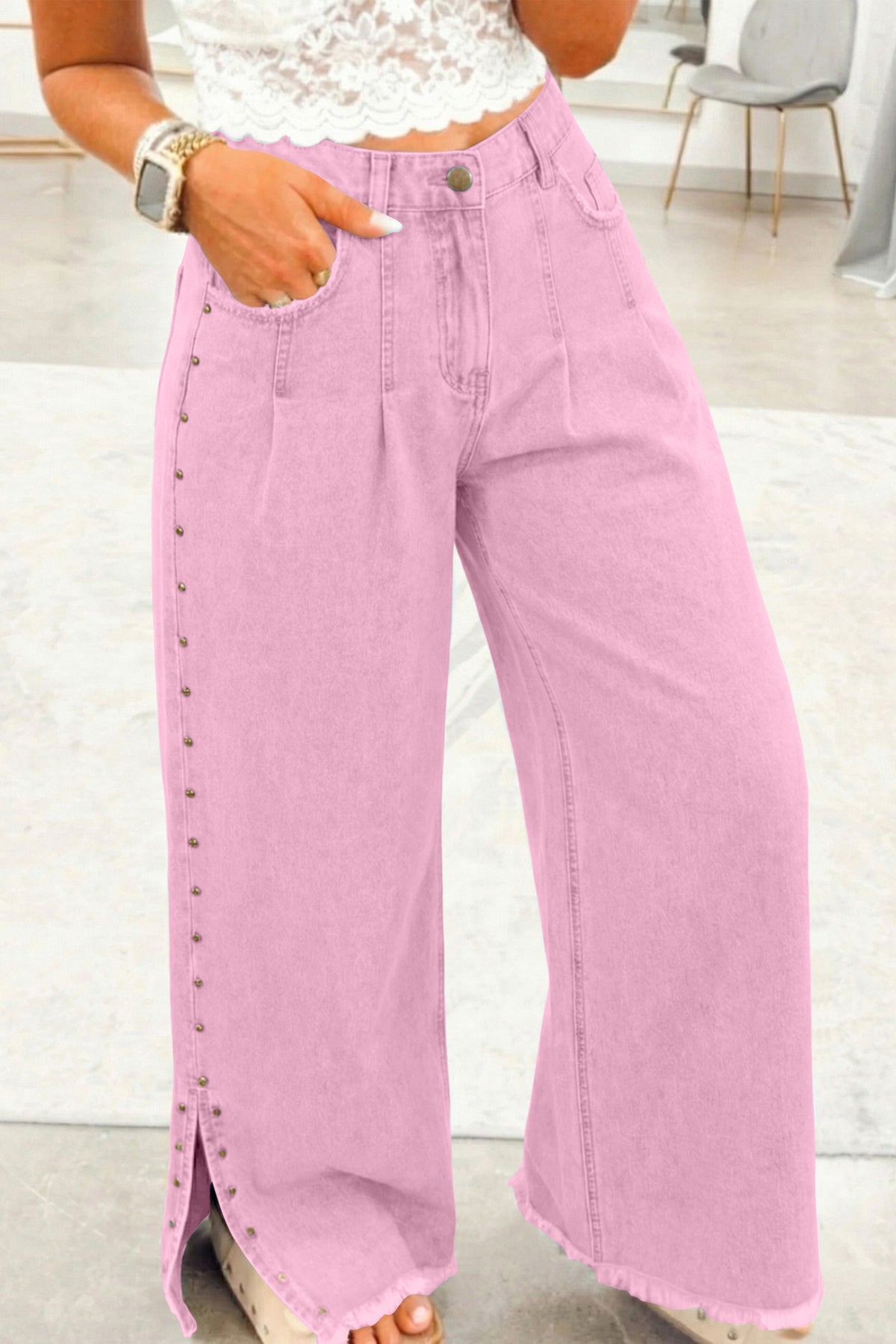 Delaney Pink Studded Side Slit Frayed Wide Leg Jeans