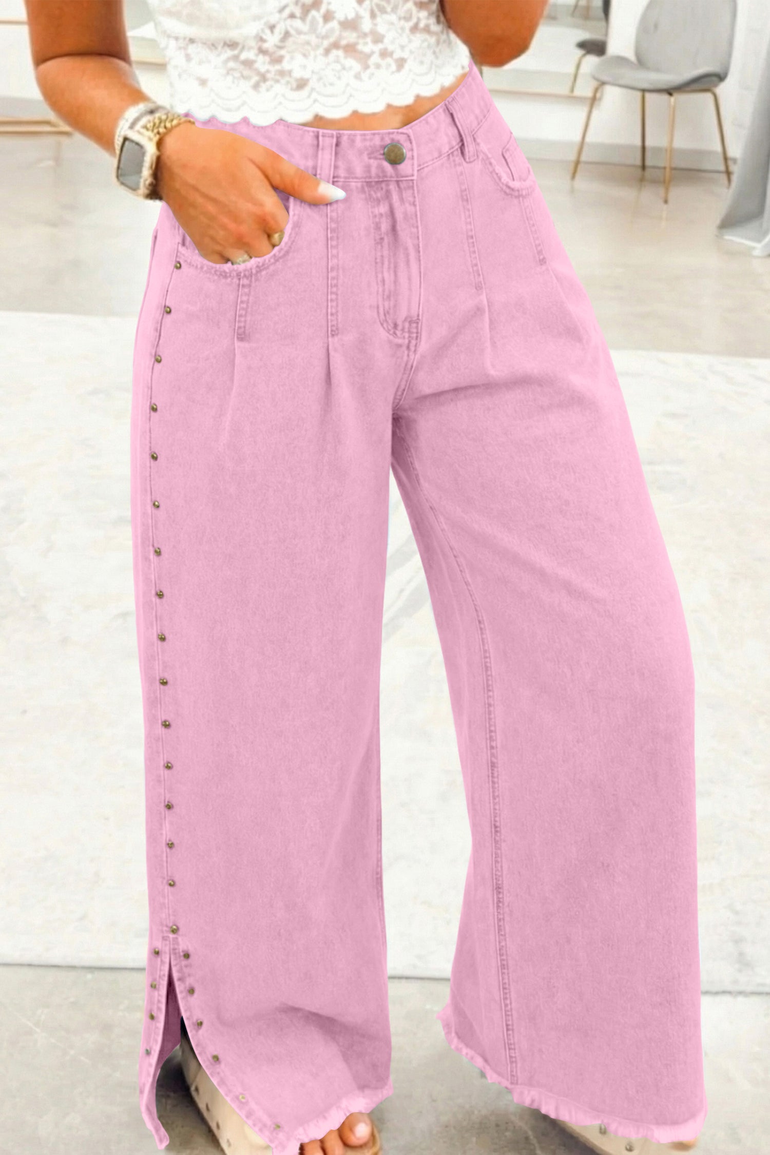 Delaney Pink Studded Side Slit Frayed Wide Leg Jeans