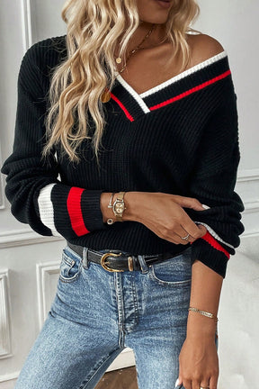 Everyday Sport Striped Trim V Neck Sweater