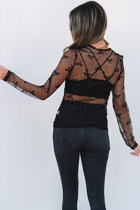 Bow Beauty Pattern Accent Mesh Top