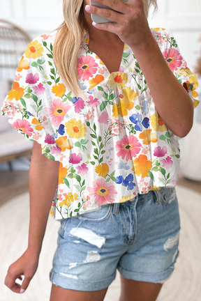 The Floral Edit Yellow Ruffled Sleeve V Neck Top