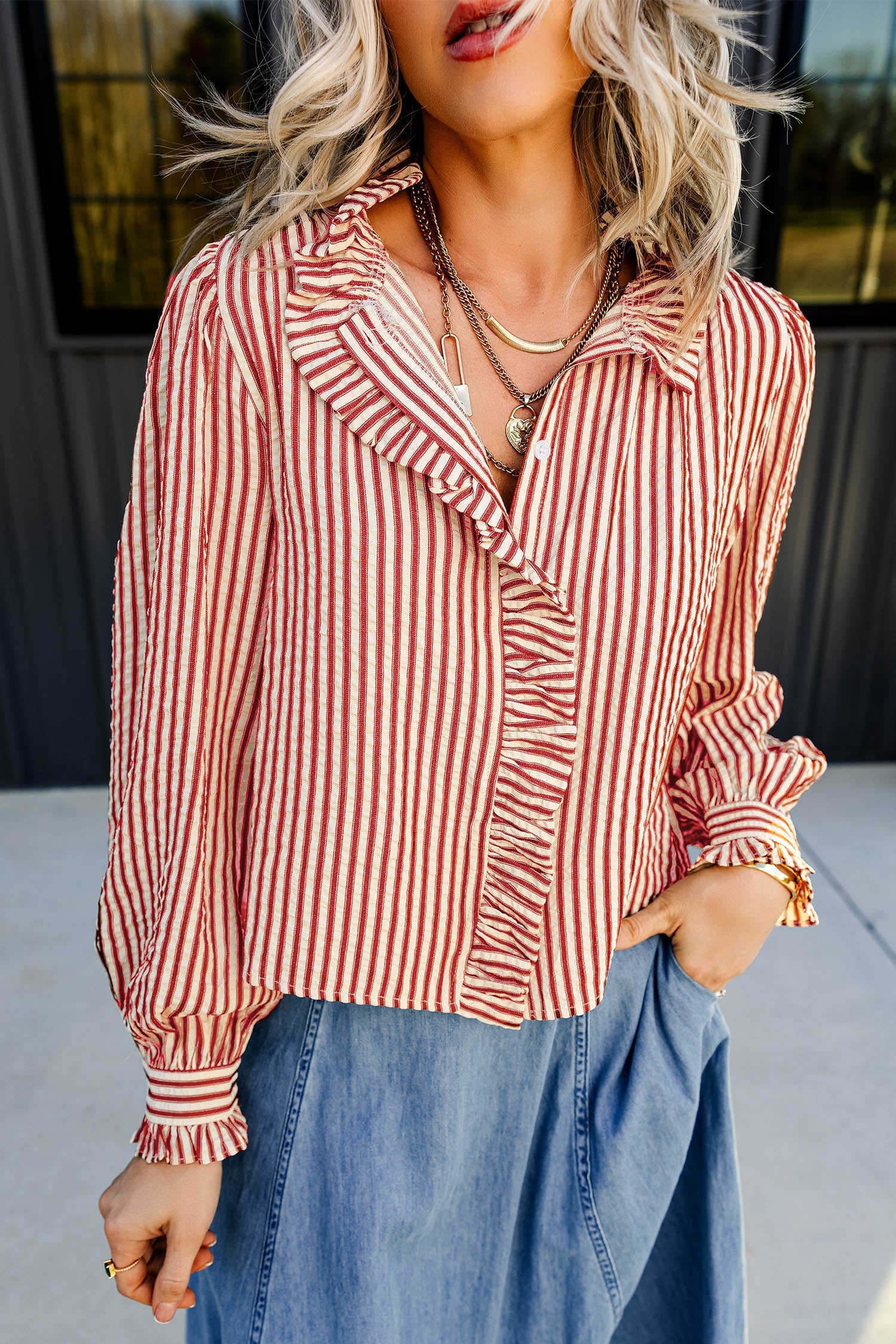 Crimson And Cream Stripe Ruffle Top