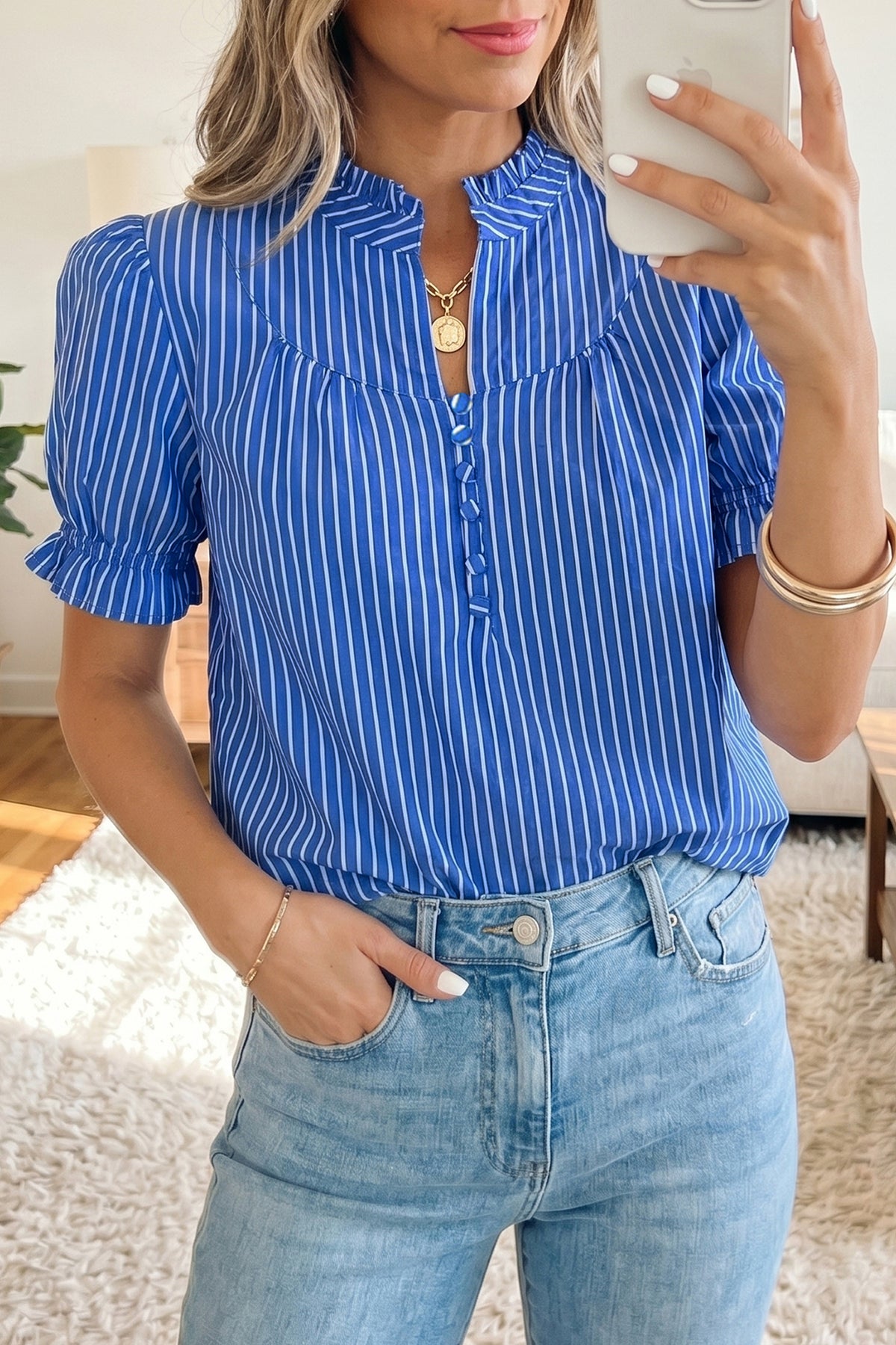 Stripe Dream Ruffled Short Puff Sleeve Top (2 Colors)