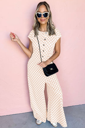 Check On That Apricot Checkered Jumpsuit