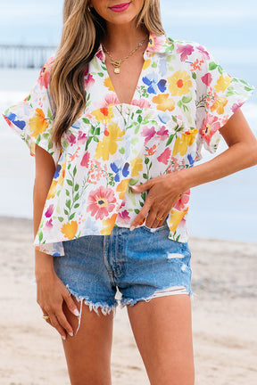 The Floral Edit Yellow Ruffled Sleeve V Neck Top