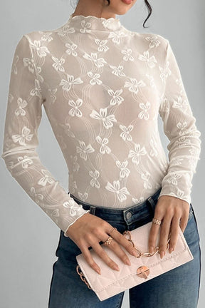 Bowtacular Moments Mock Neck Sheer Top - T11106WH