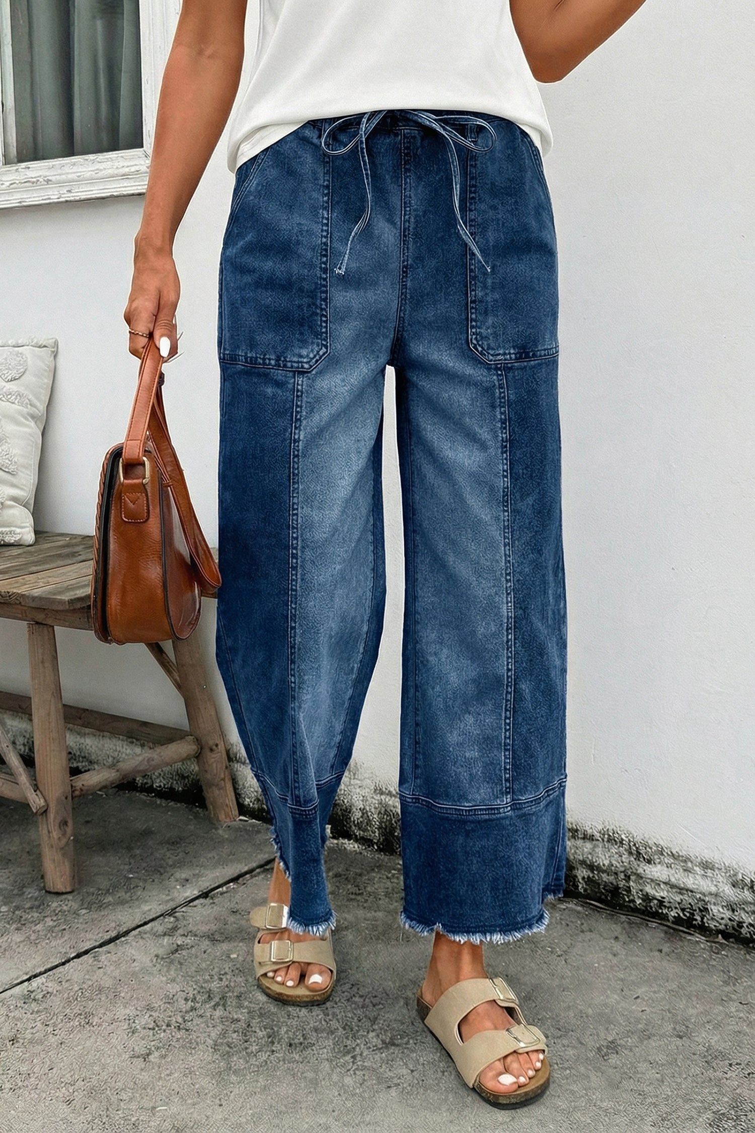 Worth Your While Dark Blue Drawstring Wide Leg Denim Pant