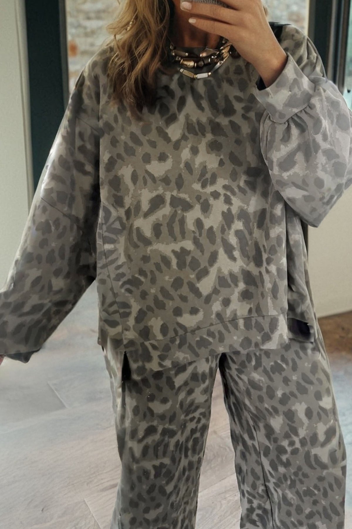 Lounge About Town Gray Leopard Set