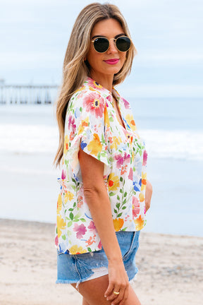 The Floral Edit Yellow Ruffled Sleeve V Neck Top