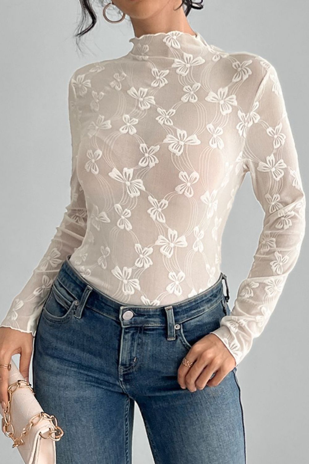 Bowtacular Moments Mock Neck Sheer Top - T11106WH