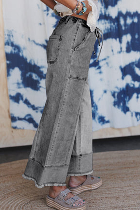 Worth Your While Gray Drawstring Wide Leg Denim Pant