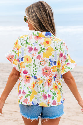 The Floral Edit Yellow Ruffled Sleeve V Neck Top
