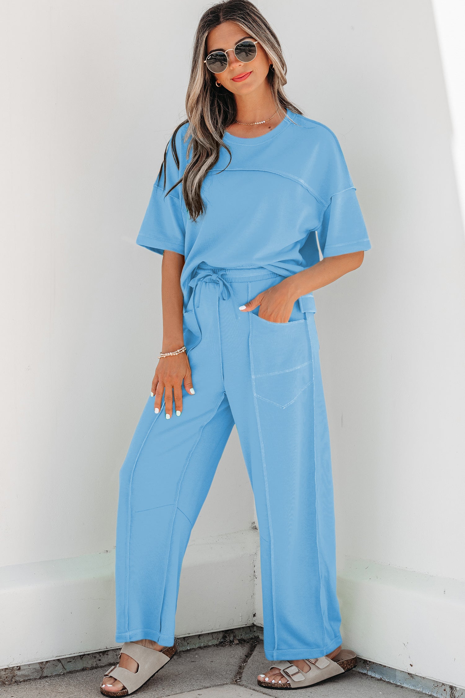 Here For It Sky Blue Top and Barrel Pant Set