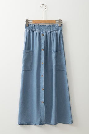 Strolling Downtown Buttoned Front High Waist Denim Maxi Skirt