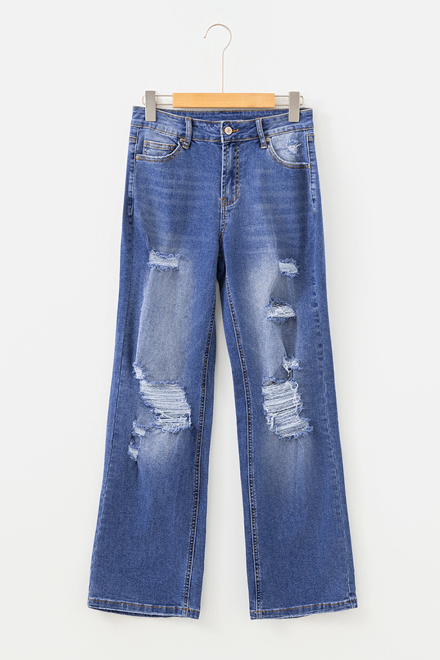 Indigo Mid Rise Distressed Straight Leg Jeans