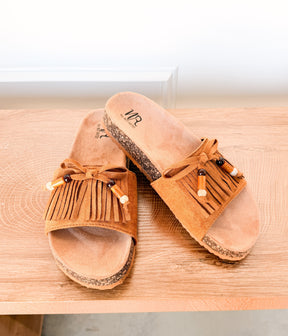 Lilliam Fringe Beaded Sandals in Tan