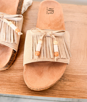 Lilliam Fringe Beaded Sandals in Beige