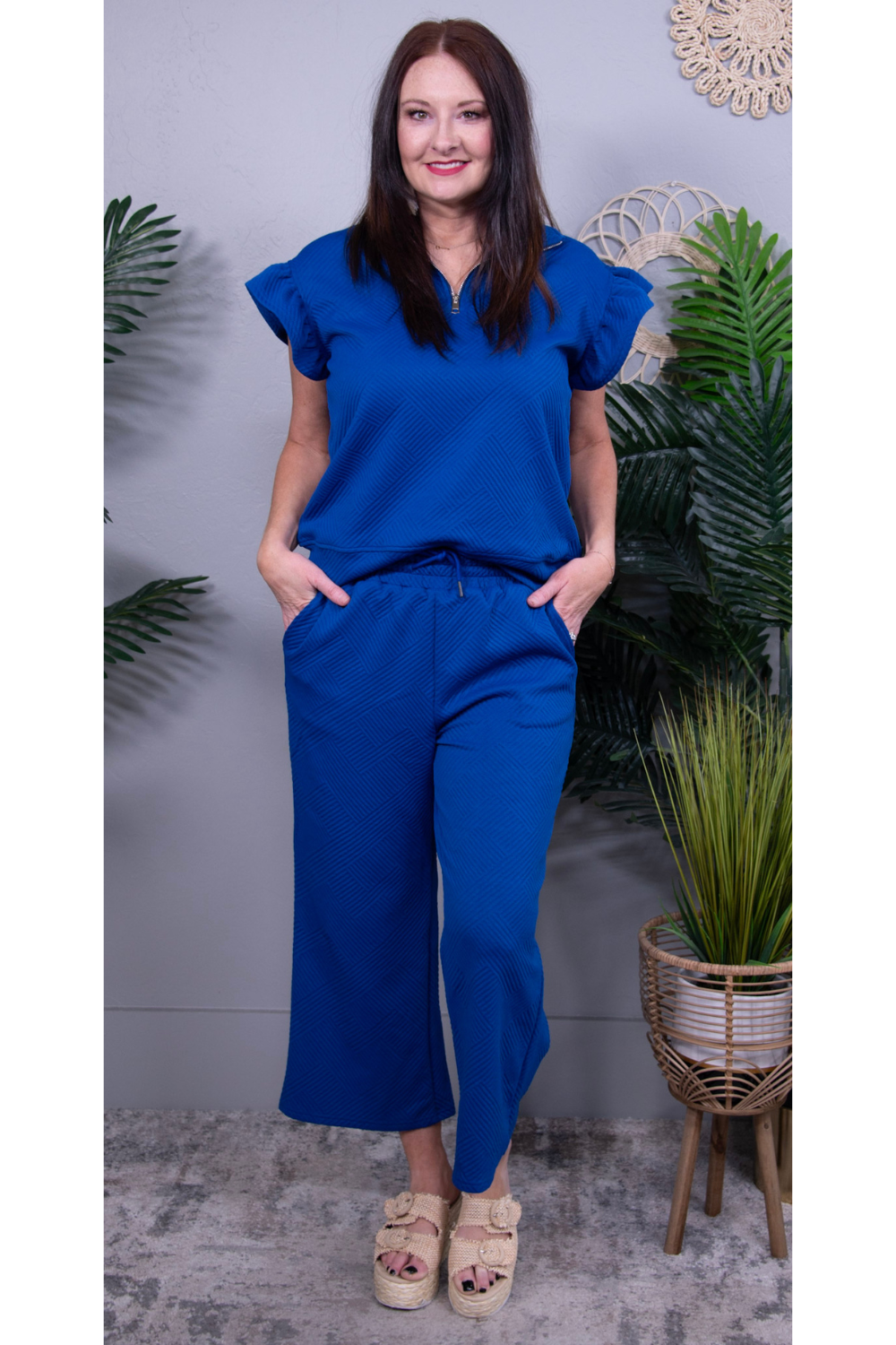 Set For Life Royal Blue Texture Top and Drawstring Wide Leg Pant Set - T11338RB