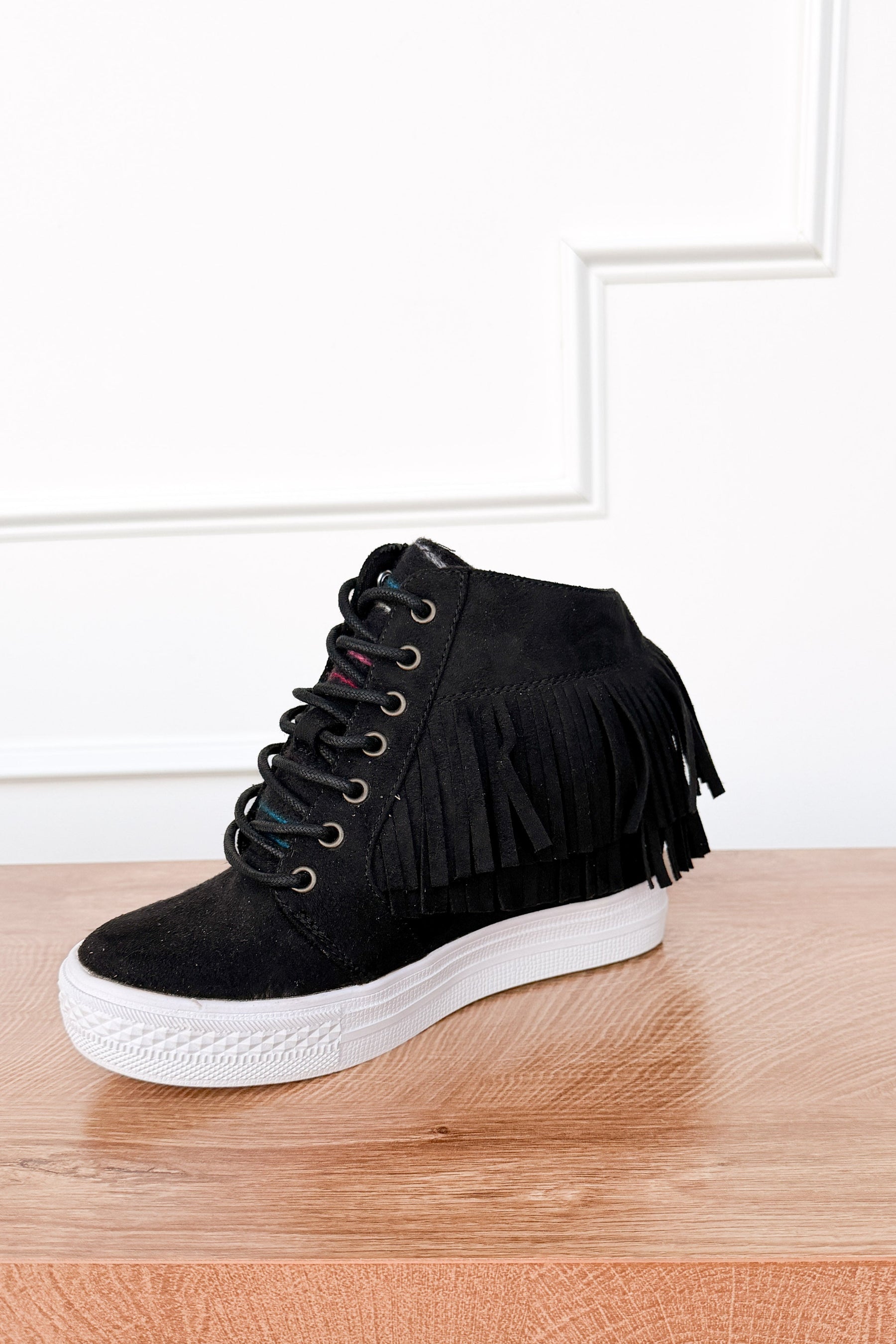Nick Fringe Sneaker Wedge in Black