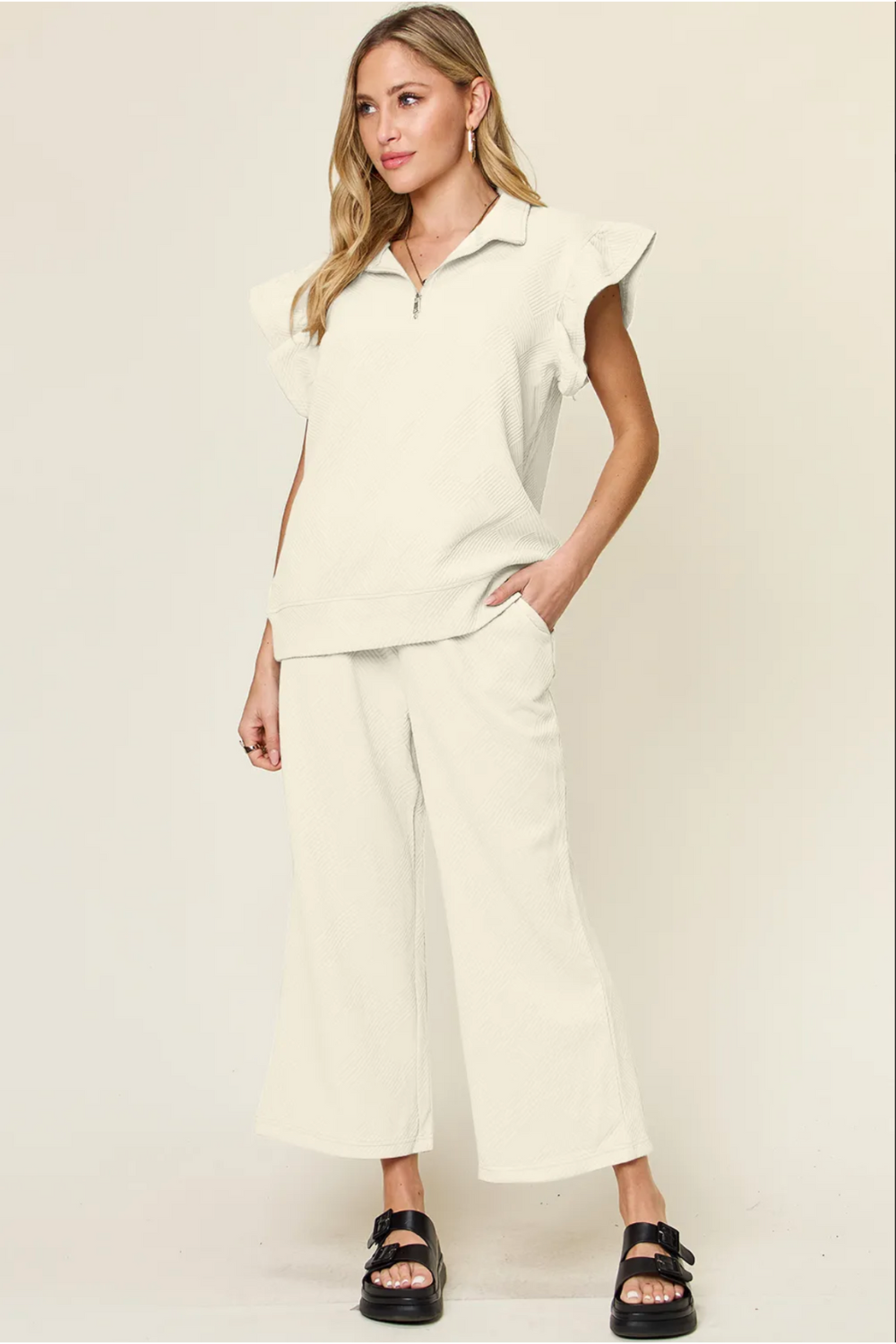 Set For Life Cream Texture Top and Drawstring Wide Leg Pant Set - T11342CR
