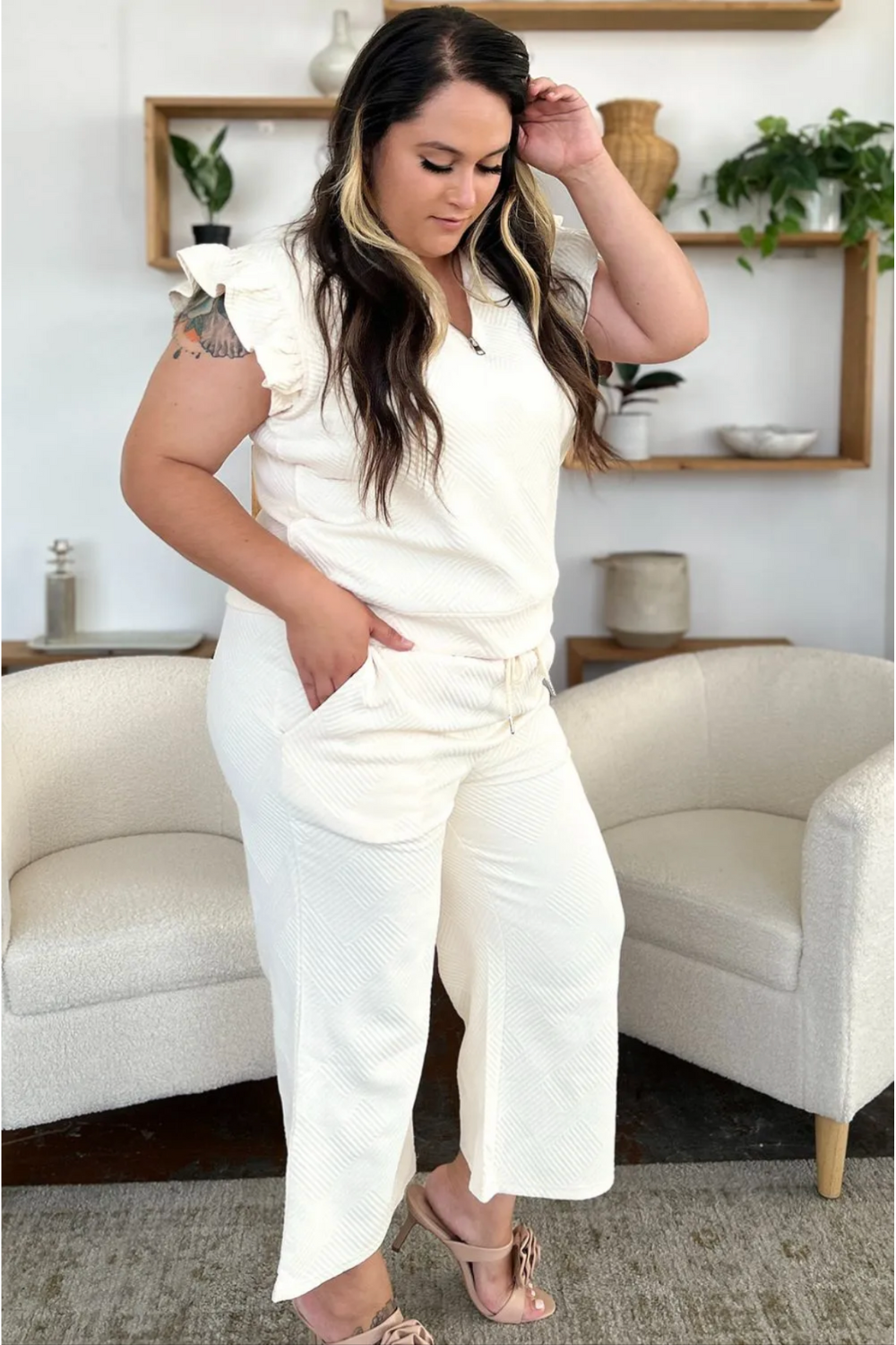 Set For Life White Texture Top and Drawstring Wide Leg Pant Set - T11339WH