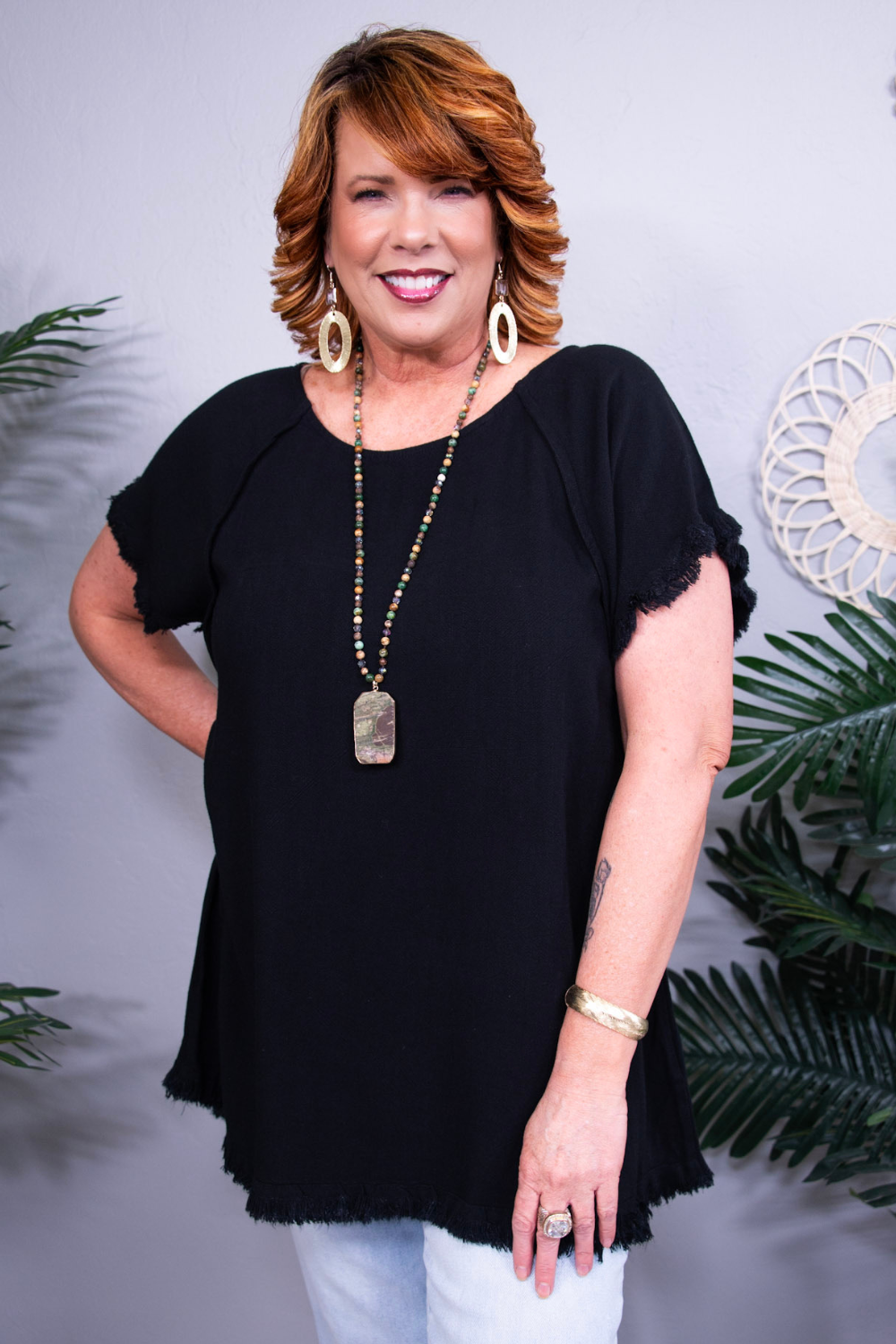 Basics On Point Black Linen Ruffle Fringe Edge Top - T11245BK