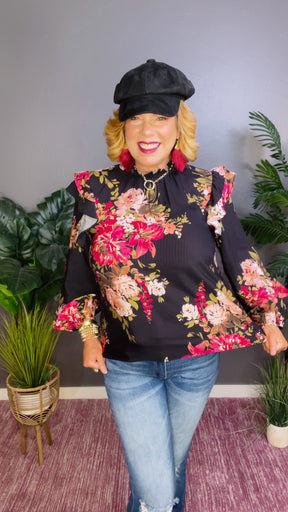 Autumn Floral Black Mix Top - S019BK