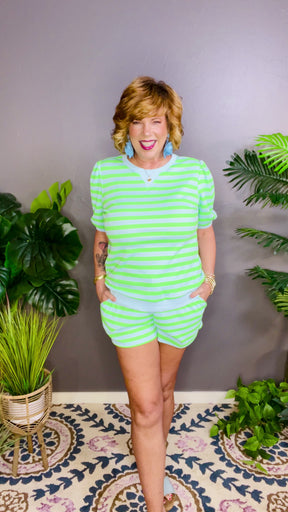 Girl On The Go Green Stripe Top And Shorts Set