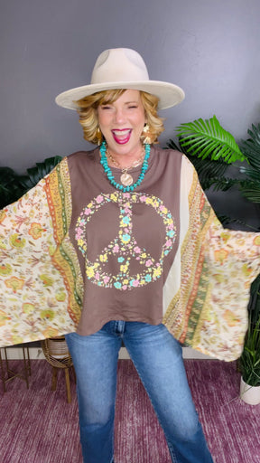 Live In Peace Flutter Sleeves Brown Top - S160BR