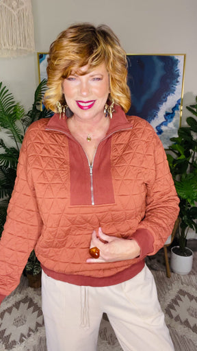 Cinnamon Spice Geometric Quilted Pullover